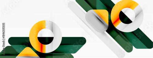 Abstract geometric shapes, circles, rectangles overlap. Green, gold, white colors create modern design. Minimalist composition.