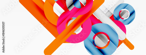 Abstract geometric shapes intersect, creating vibrant colorful composition. Clean lines, modern design, minimalist aesthetic.