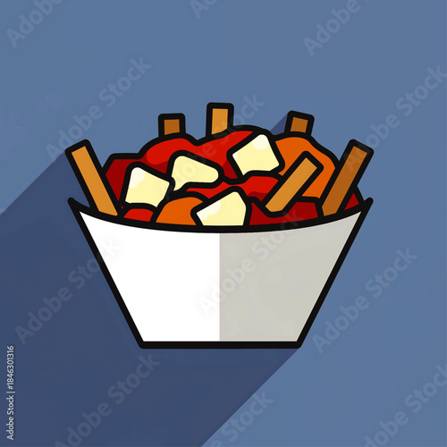 Graphic vector icon of classic Canadian poutine, featuring golden french fries, rich savory gravy, and fresh cheese curds in a white bowl, ideal for menus and food-related designs
