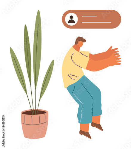 Man in casual outfit gesturing with open arms near a potted plant and profile information box. Ideal for social connection, self-expression, user profile, online communication, personalization