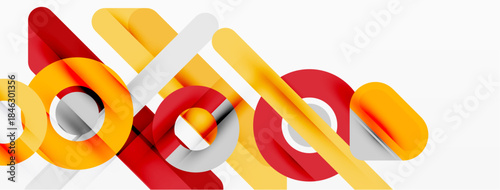 Abstract geometric shapes overlap, creating dynamic visual composition. Colors include red, yellow, gray, white. Modern design element.