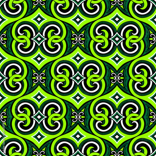 Green Seamless Batik Pattern with Modern Ethnic Geometric Design