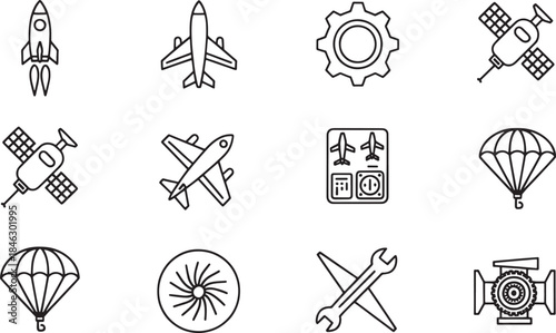 Collection of nine black and white line art icons for aerospace and aviation rocket airplane