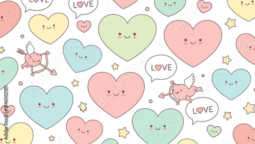 Colorful heart pattern with cute smiling faces and love symbols on white background