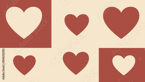 Vintage red and beige hearts pattern with six hearts on cream background
