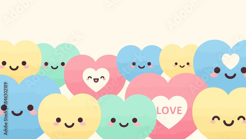 Pastel hearts with smiling faces and love symbol on cream background, cute graphic design elements