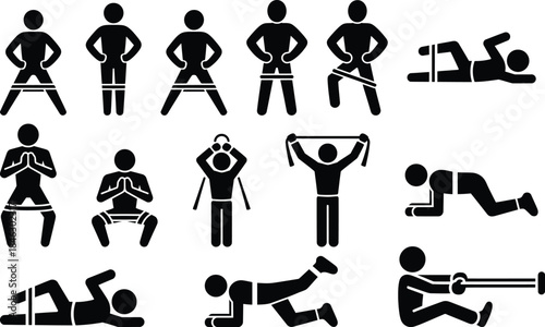 A collection of stick figures performing various resistance band exercises