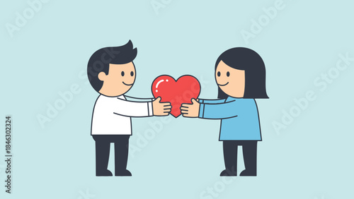 Cartoon couple sharing a heart symbol on a light blue background, representing love and partnership in a simple