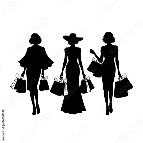 Elegant female silhouettes enjoying a day of retail therapy with numerous shopping bags