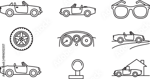 Collection of nine black line art icons featuring convertible cars and automotive elements automobile