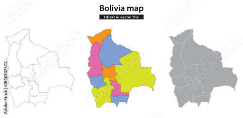 Bolivia map with administrative divisions, showing outlines, colored regions, and solid grey fill for geographic representation.