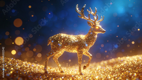 Golden glittering deer standing on sparkling ground under a starry night sky