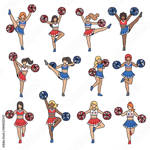 Dynamic cheer squad performing various energetic poses with pom-poms in matching uniforms