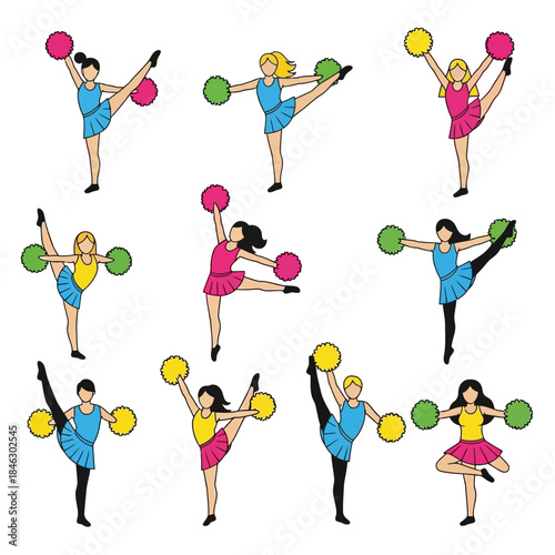 Dynamic cheerleading poses pattern featuring energetic female athletes in vibrant uniforms