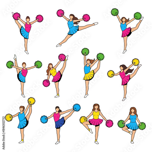 Dynamic collection of nine diverse cheerleaders performing various athletic poses with colorful pom-poms