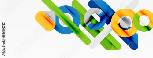 Abstract design features colorful overlapping shapes. Modern composition uses vibrant hues, creating dynamic visual effect. Simple, clean aesthetic.