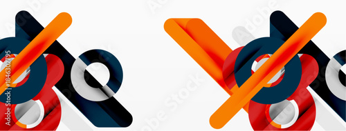 Abstract geometric shapes, vibrant colors, overlapping elements. Modern design, clean lines, dynamic composition. Minimalist aesthetic, bright palette.