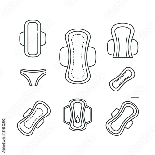 Essential collection of feminine hygiene products featuring various sanitary pads and underwear icons
