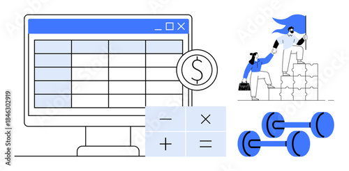 Financial planning, teamwork, career success, data management, personal wellness, problem-solving. Computer with spreadsheet, calculator teamwork weights. Financial planning and teamwork concepts