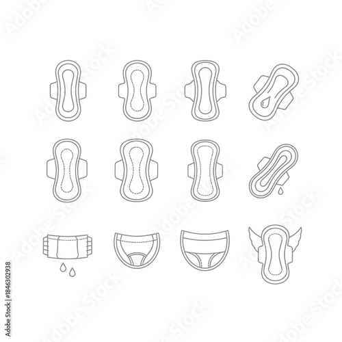 Feminine hygiene products line art collection featuring various sanitary pads and protective underwear