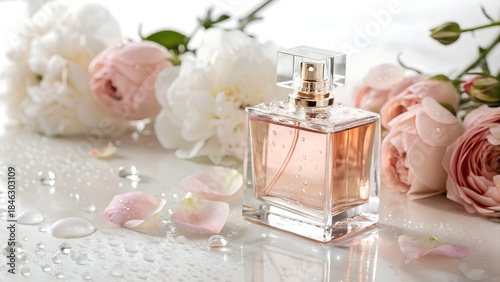 Luxurious perfume bottle surrounded by roses and water droplets on white surface