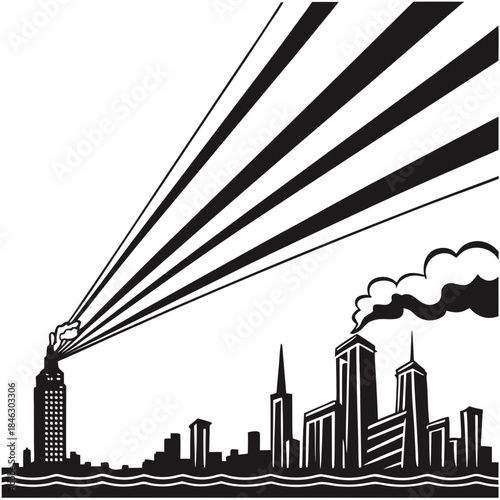 Solar rays cleansing smoke filled skyline white background 1