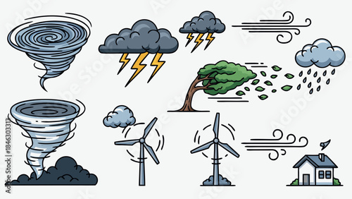Illustrative collection of powerful natural weather phenomena and wind energy elements