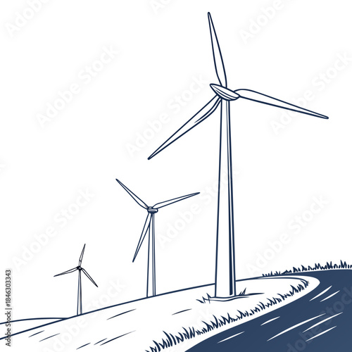 Wind turbines on rolling hillside with grass and road