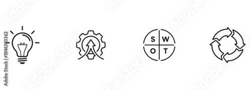 Business Strategy Icons Set: Idea, Improvement, SWOT Analysis, and Cycle.