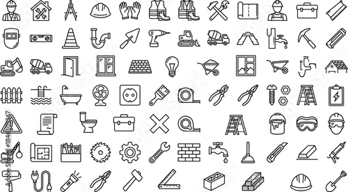 Construction and building icon set, tools equipment symbols, repair, maintenance, architecture, safety, home improvement outline vector collection