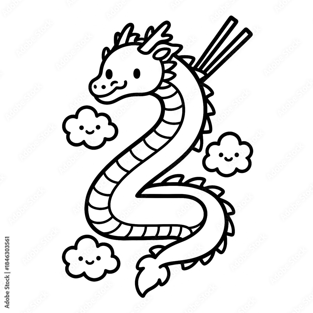 Fototapeta premium Cute Dragon Number 2 Illustration for Kids Coloring Page Fantasy Cartoon Dragon Line Art Fun Educational Number Design for Children
