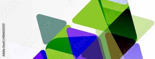 Abstract geometric shapes overlap. Green, purple, gray tones dominate composition. Minimalist design, modern aesthetic. Clean lines, simple forms.