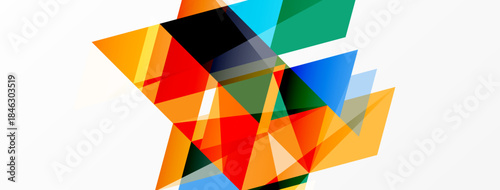 Abstract geometric shapes overlap, creating vibrant colorful composition. Modern design, clean lines, dynamic visual impact.