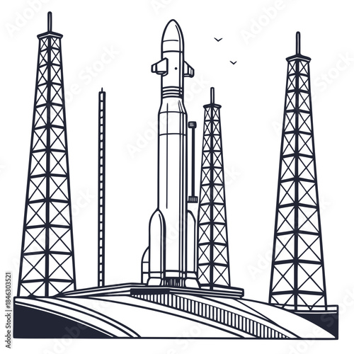 Spaceport with support towers around rocket launchpad