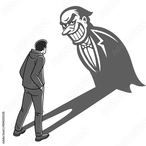 Man looking up at giant shadow of corrupt banker