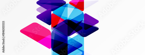 Abstract geometric shapes overlap, creating vibrant color blends. Composition features blues, pinks, purples, reds on white background.