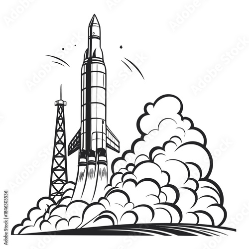 Vertical rocket engulfed in blast cloud during liftoff