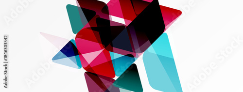 Abstract geometric shapes overlap, creating vibrant color blends. Composition feels dynamic, modern, minimalist. White background emphasizes forms.