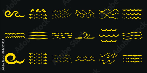 Collection of Yellow Wave Icons and Symbols on a Black Background