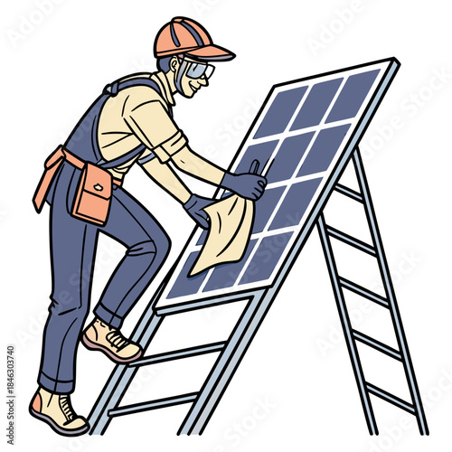 Technician cleaning solar panel on ladder wearing safety gear