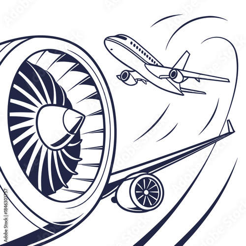 Airplane flying past large jet engine with motion blur