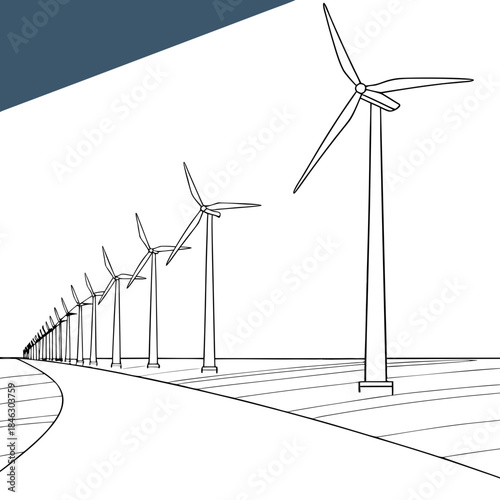 Wind turbines on a road against white and gray background