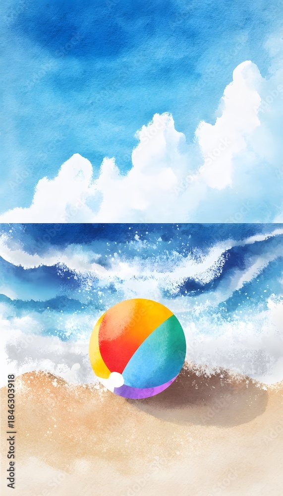 Obraz premium Vibrant beach ball watercolor scene evokes summer vacation joy on a sunlit sandy shore