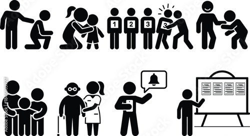 A collection of pictograms illustrating social interactions, caregiving, and communication