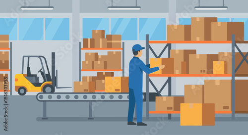 Flat vector illustration of a courier sorting packages in warehouse, boxes and shelves, simplified environment, solid colours only, minimalist flat vector art