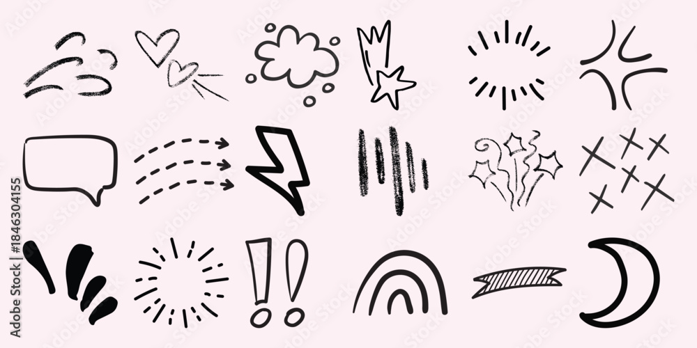 Obraz premium Hand-Drawn Doodle Elements: Stars, Hearts, Lightning, and More