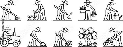 Collection of nine simple line art icons depicting farmers performing various agricultural tasks agriculture