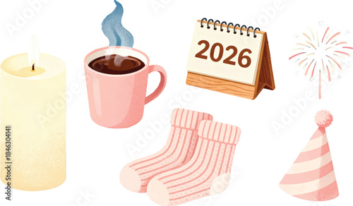 Hygge Cozy New Year 2026 Decor, Candle, Hot Cocoa, Wall Calendar, Winter Elements, Scandinavian Vector Set