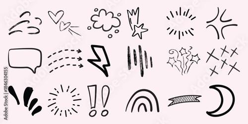 Hand-Drawn Doodle Elements: Stars, Hearts, Lightning, and More