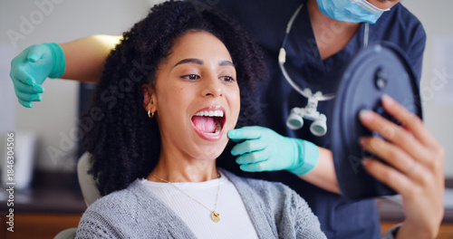 Fotografie Woman, teeth and mirror for checkup with dentist, oral hygiene and mouth cleaning service